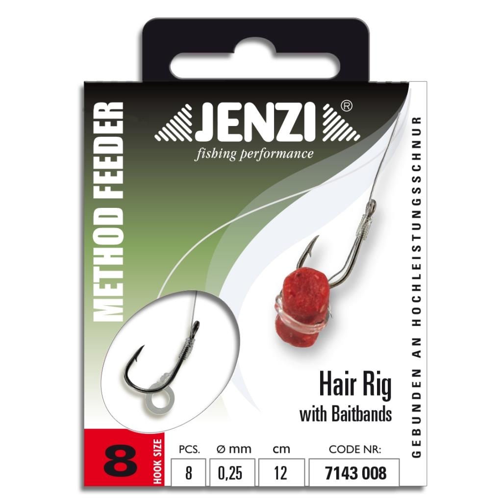 Jenzi Hair Rig mit Gummi-Band – Method-Feeder-Haken, 12 cm, 8 Stück