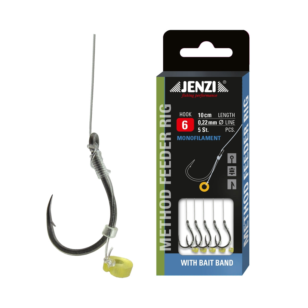 Jenzi Methodfeeder-Haken mit Pelletband, Mono-Vorfach 0,22 mm, Größe 6–10