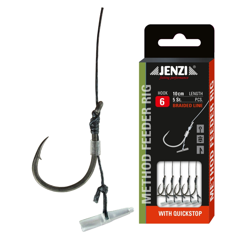 Jenzi Methodfeeder-Haken mit Quickstop, geflochtene Schnur, Größe 6–10